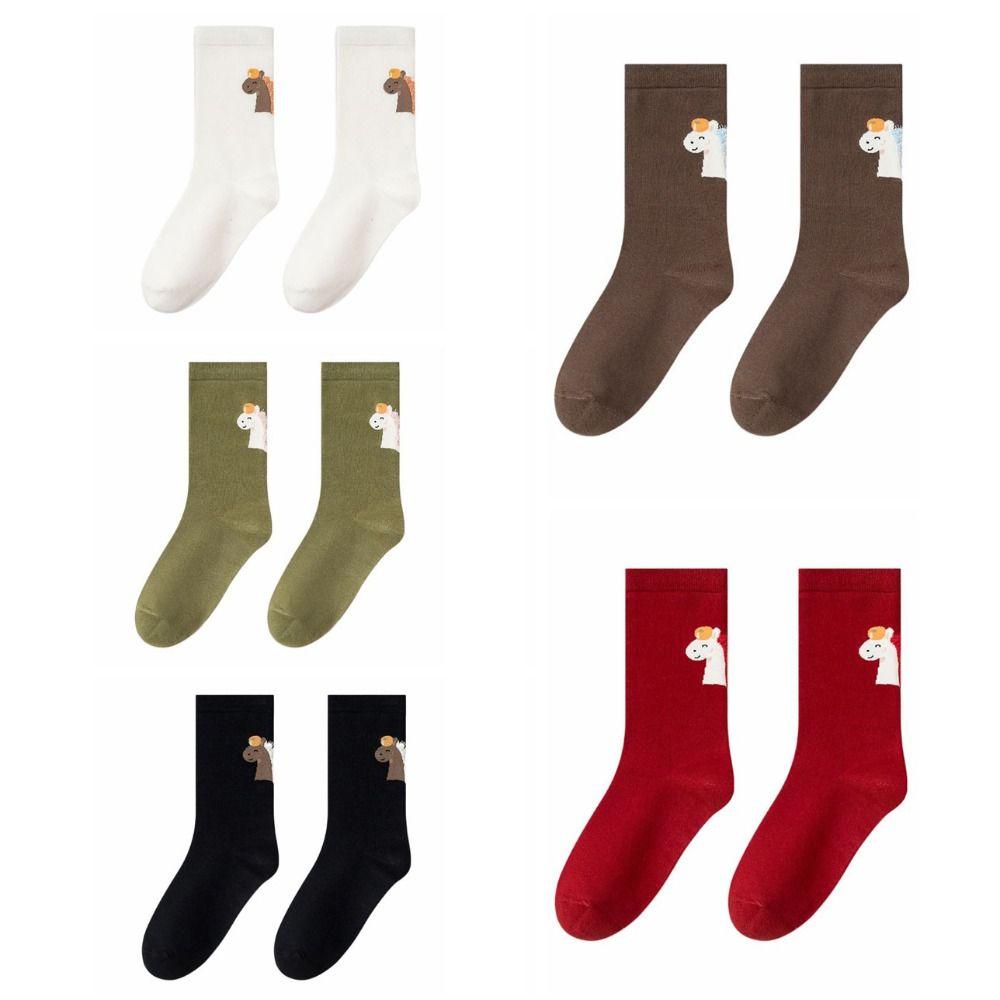 Cartoon Year of The Horse Socks Mid Calf Zodiac Year Cotton Socks Cute New Year Tube Socks Women