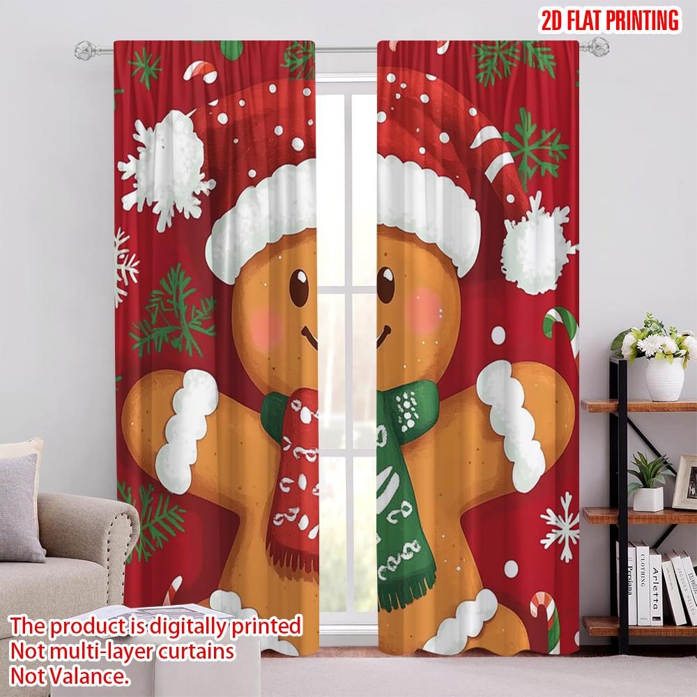

Set Of 2 Flat Printing Christmas Drapes Gingerbread Polyester Fabric Without Electricity Family Party Use Curtains Made W100*H70(CM)-Rod Pocket&2PCS