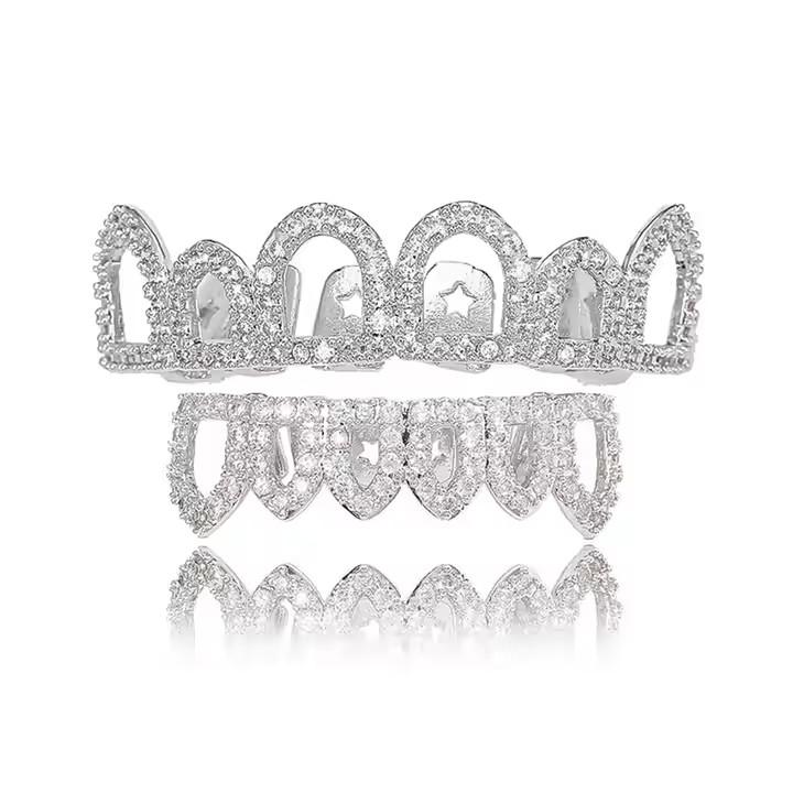 Fashion Iced Out Zircon Gold Plated Hip Hop Bling Body Jewelry Hollow Six Tooth Brass Grills for Parties Anniversaries Gift