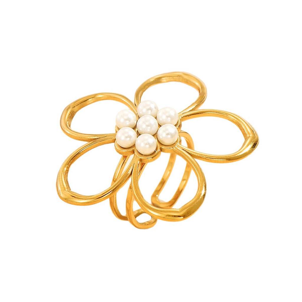Chic Stainless Steel Hollow Flower Ring with Faux Pearl - Elegant Women's Floral Jewelry
