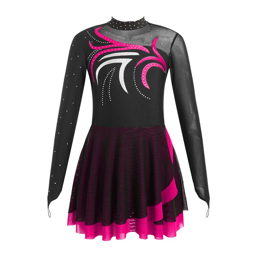 Girls Figure Skating Dress with Sparkly Rhinestones Sheer Mesh Patchwork Long Sleeve for Dance Performance