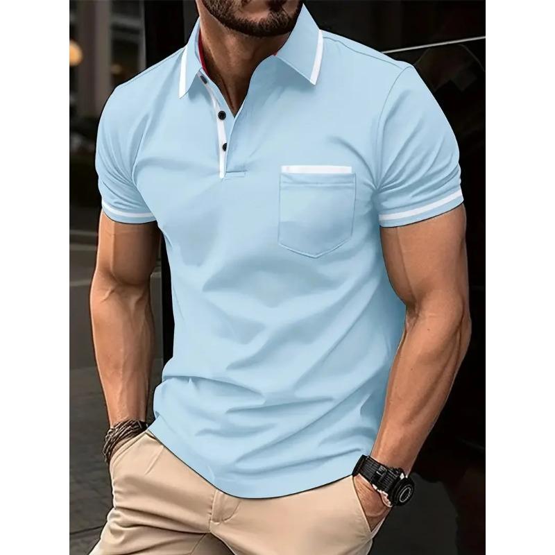 European Plus Size Men Top Summer Pocket Button Casual T Shirt White Black Blue Loose Classic Tops Lapel Neck Short Sleeve Polo Shirts