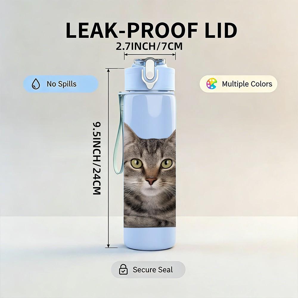 1PC Serious Tabby Cat Headshot 750ml Color Plastic Sports Water Bottle Leakproof Flip Straw Lid Suitable for Sports Office Home Use