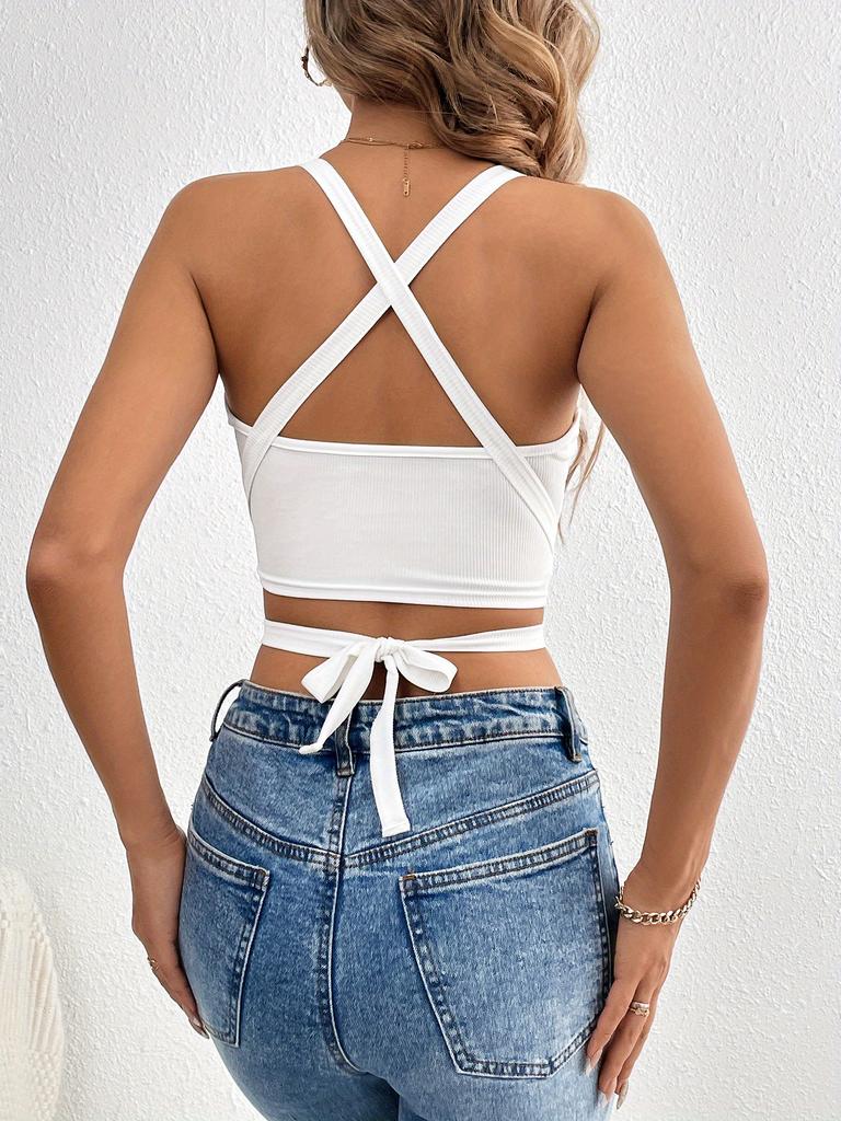 Square Neck Ribbed Tank Top Spaghetti Strap Crop Tops Women Summer Knitting Cross Belt Camis Fashion Tube Female Sleeveless Cropped Vest Y2K Clothes
