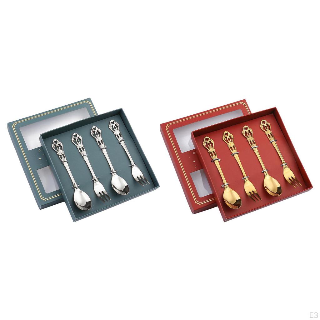 4 Pieces Spoons Forks Set Pastry and Tea Spoon Stainless Steel Dessert