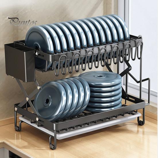 Drain Dish Rack with Wine Glass Holder Strong Load-bearing Height Adjustable 2-Tier Kitchen Counter Drying Rack Utensil Holder