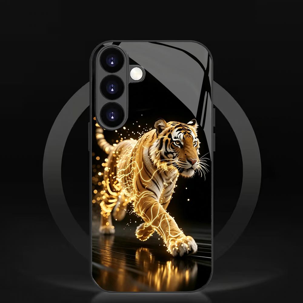 Golden Tiger Tempered Glass Phone Case Suitable for Samsung Galaxy S26 S25 S24 S23 S22 S20 FE/Ultra/Plus Anti Drop Back Cover