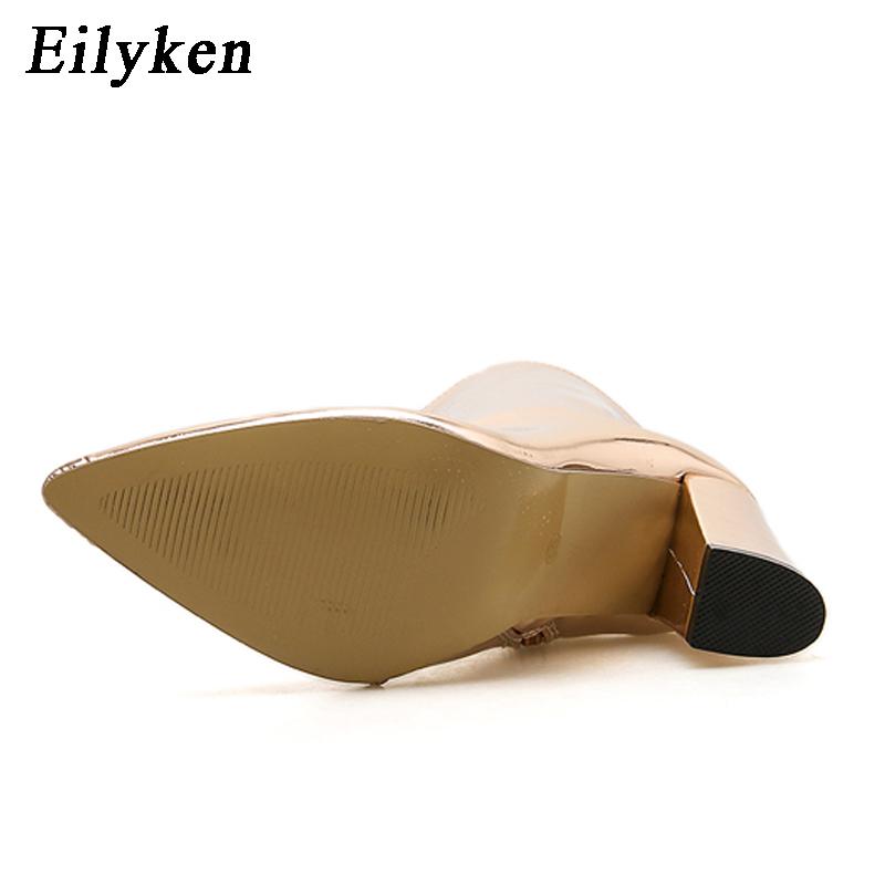 Fashion Eilyken Fashion Gold Silver Patent Leather Women Ankle Boots Pointed Toe Square High Heels Shoes Chelsea Botas De Mujer