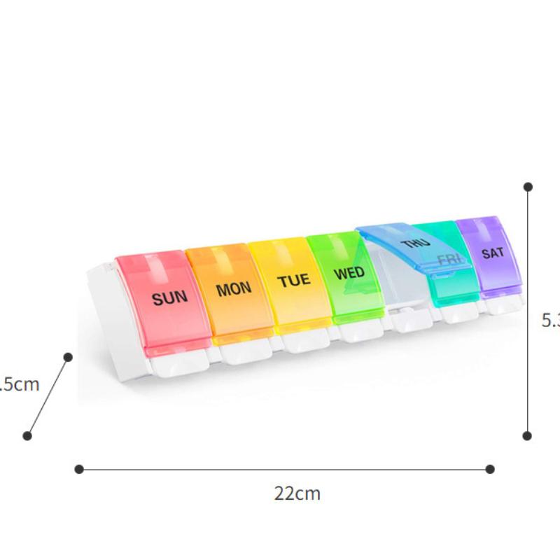 Weekly pill organizer for arthritis patients, BPA-free, spring-open design, with space for vitamins, cod liver oil,