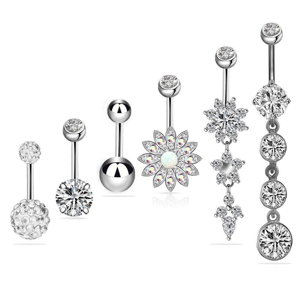 Набор из 6 предметов из нержавеющей стали с цирконом и бриллиантами, кольцо для пупка с шипами, мягкий керамический шарик, комбинированный набор с опалом и цирконом