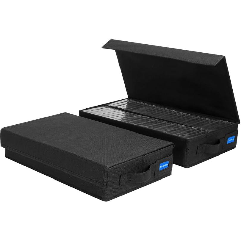 Коробка для хранения кассет с ручками и крышкой – Держатель и органайзер для кассет с внешними слотами для этикеток, Штабелируемая полка для хранения кассет, Tape-2Pack