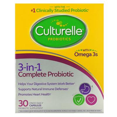 Culturelle, Probiotics, 3-in-1 Complete Probiotic with Omega-3, 30 Capsules Once Daily
