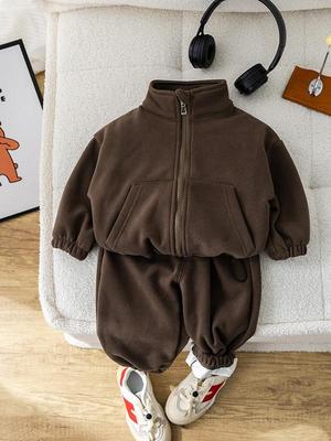 Kinder Winter Fleecgefüttertes Lässiges Zweiteiliges Set mit Sportlicher Reißverschlussjacke (Alter 1-5)
