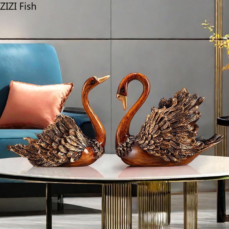 European Retro Swan Creative Artwork Ornaments Valentine's Day Gift Desk Decoration Swan Resin Sculpture Home Decor Accessories