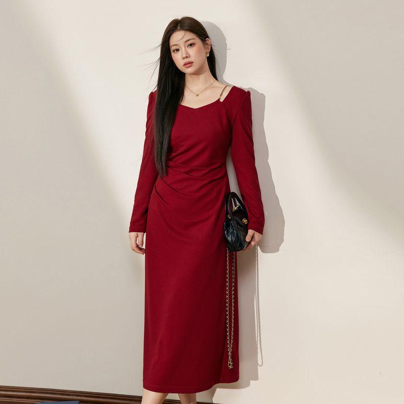 

Blue Language Plus-Size Elegant and Sophisticated Square-Neck Red Engagement Dress, New Spring Style, Pleated Slimming A-Line Dress Red(In Stock) L([Recommendation 55-62.5kg])