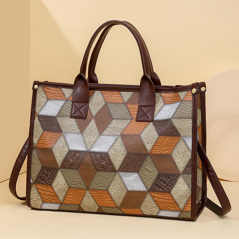 Colorblock Damen Schultertasche Gespleißte Tragetasche mit großem Fassungsvermögen Weiches Leder Leichte Handtasche