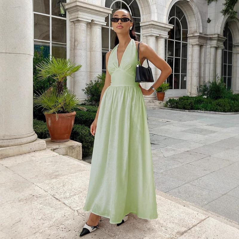 Women's Halter V Neck Maxi Dress Sleeveless Open Back Flowy Elegant Summer Long Dress