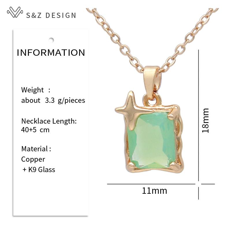 Fashion Rectangle Green Artificial Crystal Pendant Necklace For Women Trendy Elegant Collarbone Chain Jewelry