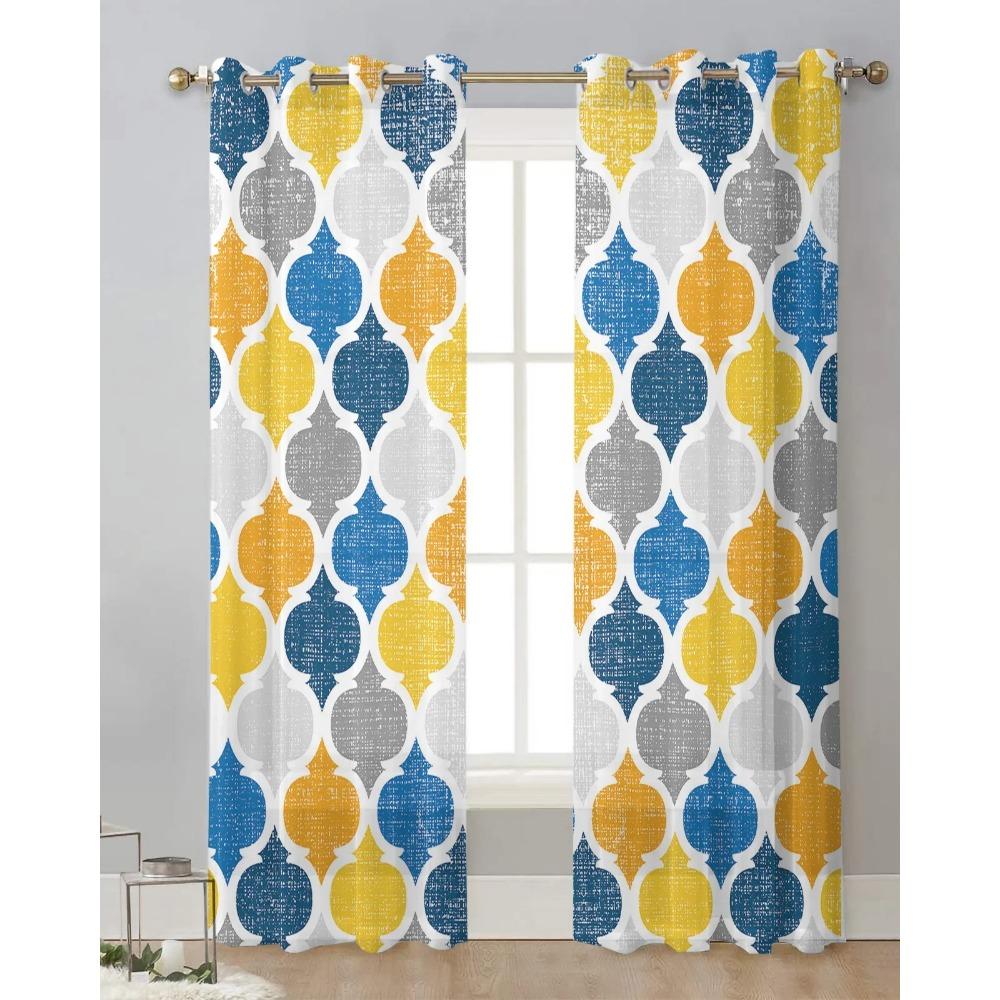Golden Yellow Blue Geometric Moroccan Retro Transparent Curtains Perfect for Living Room Decoration Window Panel Curtain Kitchen Tulle Sheer Fabric