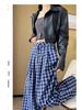 Women's Blue Retro Plaid Double-Breasted Wide-Leg Pants - Zhao Lusi Spring & Autumn Style