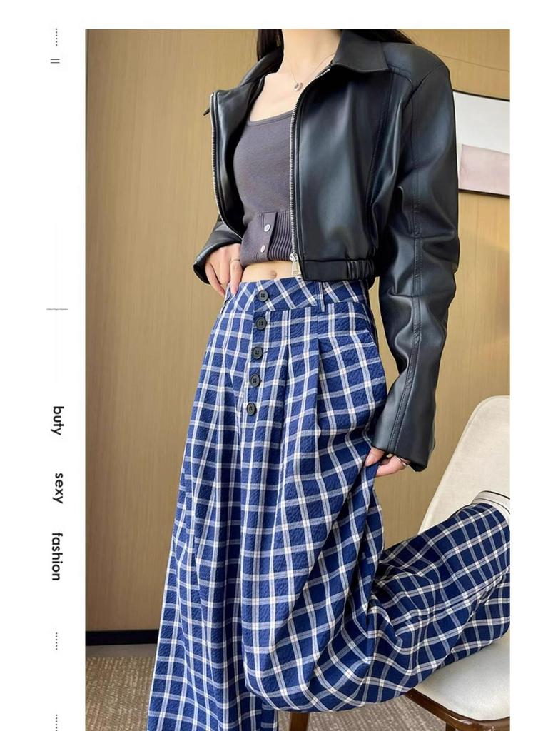 Women's Blue Retro Plaid Double-Breasted Wide-Leg Pants - Zhao Lusi Spring & Autumn Style