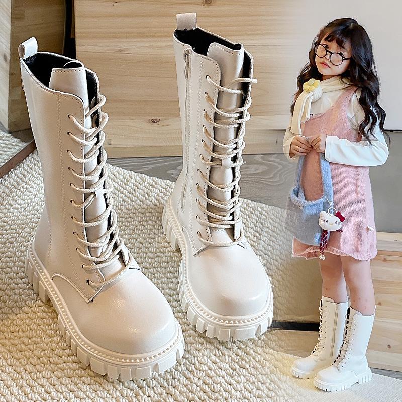 Girls' 2025 Autumn/Winter Leather High-Top Martin Boots for Medium/Large Children