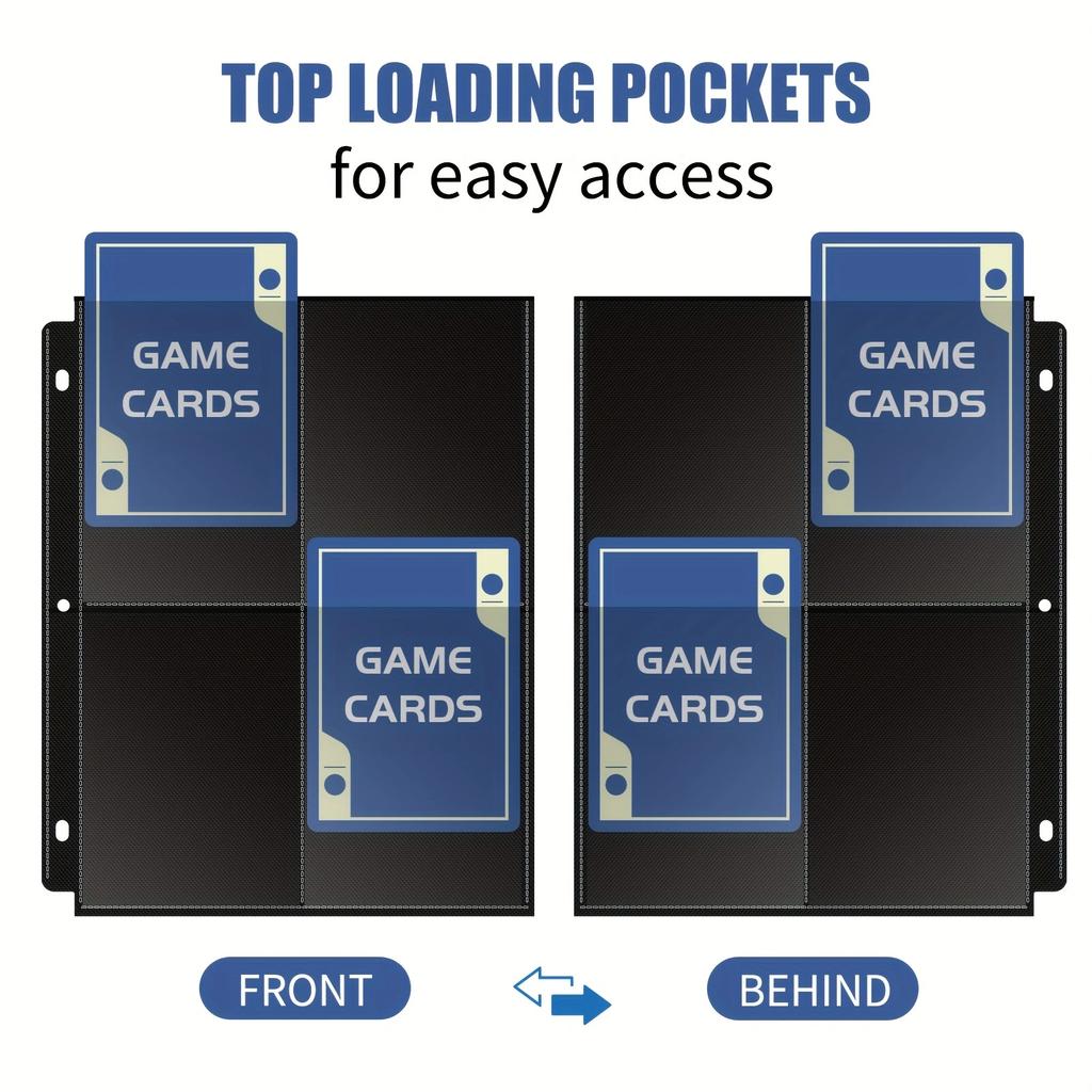 Four-pocket black card sleeve pages, 3-hole double-sided, fits for postcards, photo cards, etc