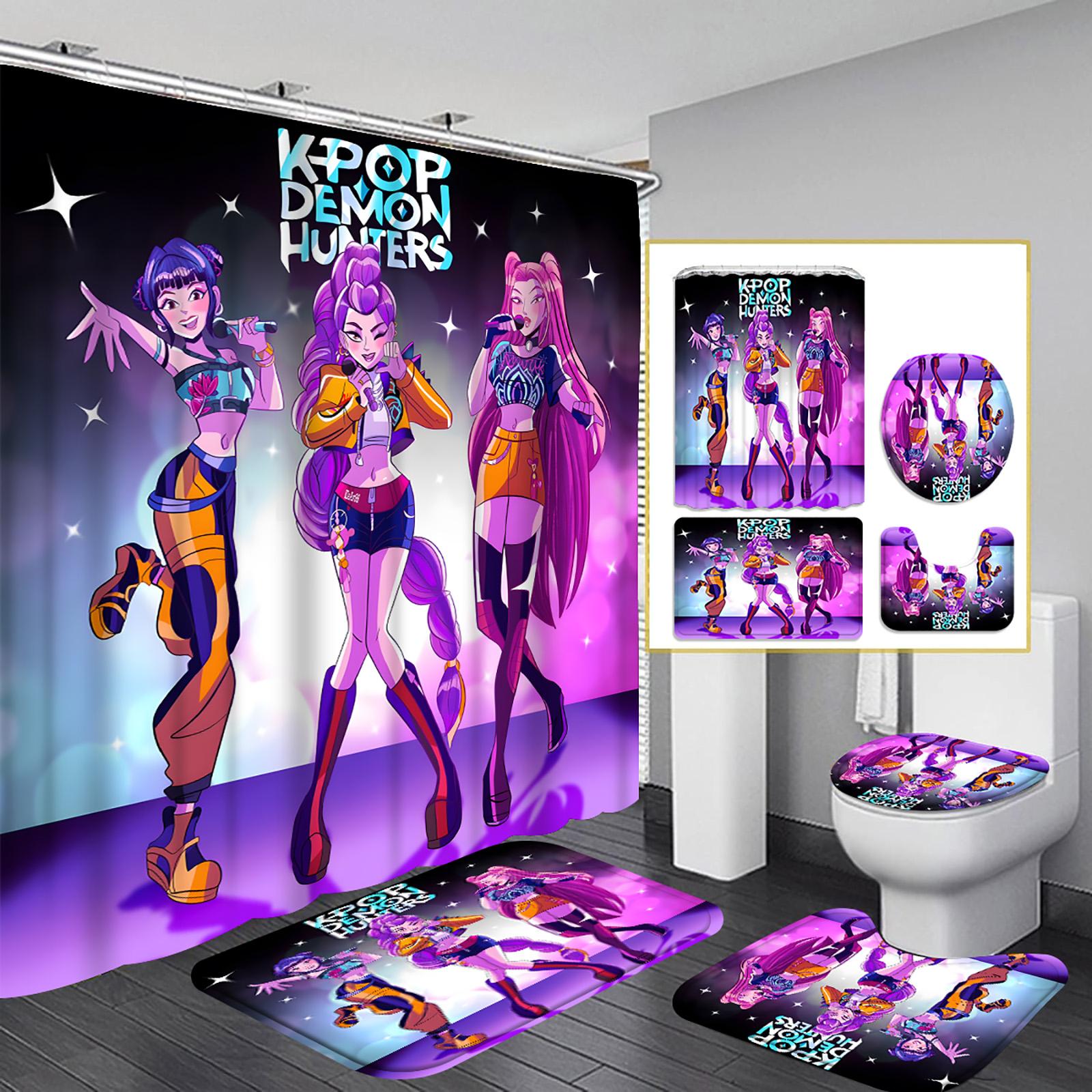 

Комплект из 4 предметов: коврик для ванной с принтом персонажей и штора для душа One Size