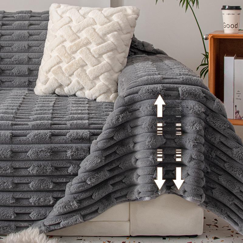 Zimní Králičí Plyšový Přehoz na Pohovku Celoplošný Látkový Zesílený Jednoduchý a Lehký Luxus Protiskluzové Sedáky