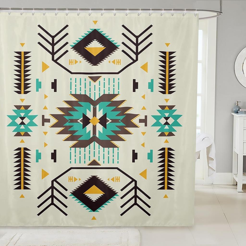 Southwest Shower Curtain, Geometric Aztec Tribal Pattern Bathroom Curtain Vintage Striped Western Waterproof for Kids Girls