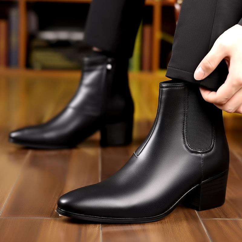 Men's Boots Pointed Toe Chelsea Boots British Style Zipper Ankle Boots Height Increasing Leather Shoes Plus Size High Heel Boot