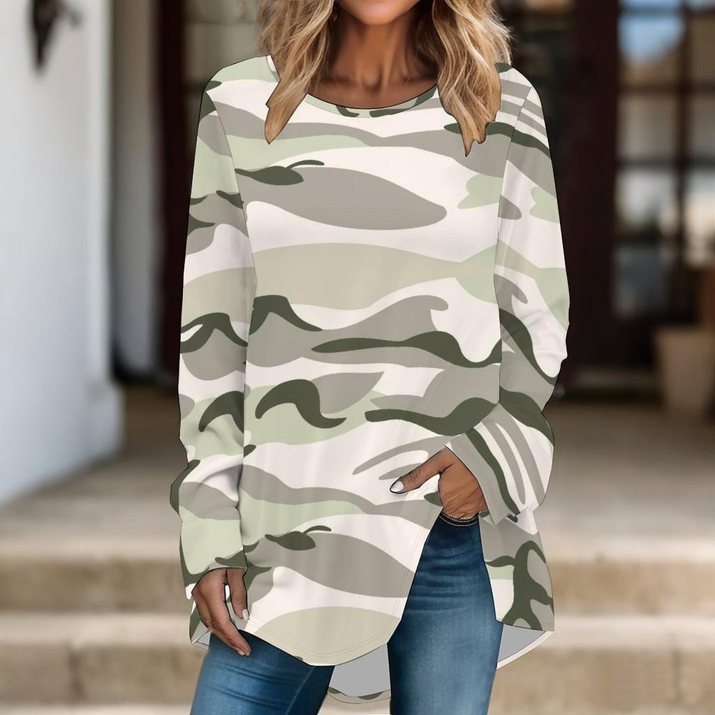 Women Long Sleeve Tunic Top Print Crew Neck Loose Fit Blouse With Pockets Casual Daily Wear Ladies Tops