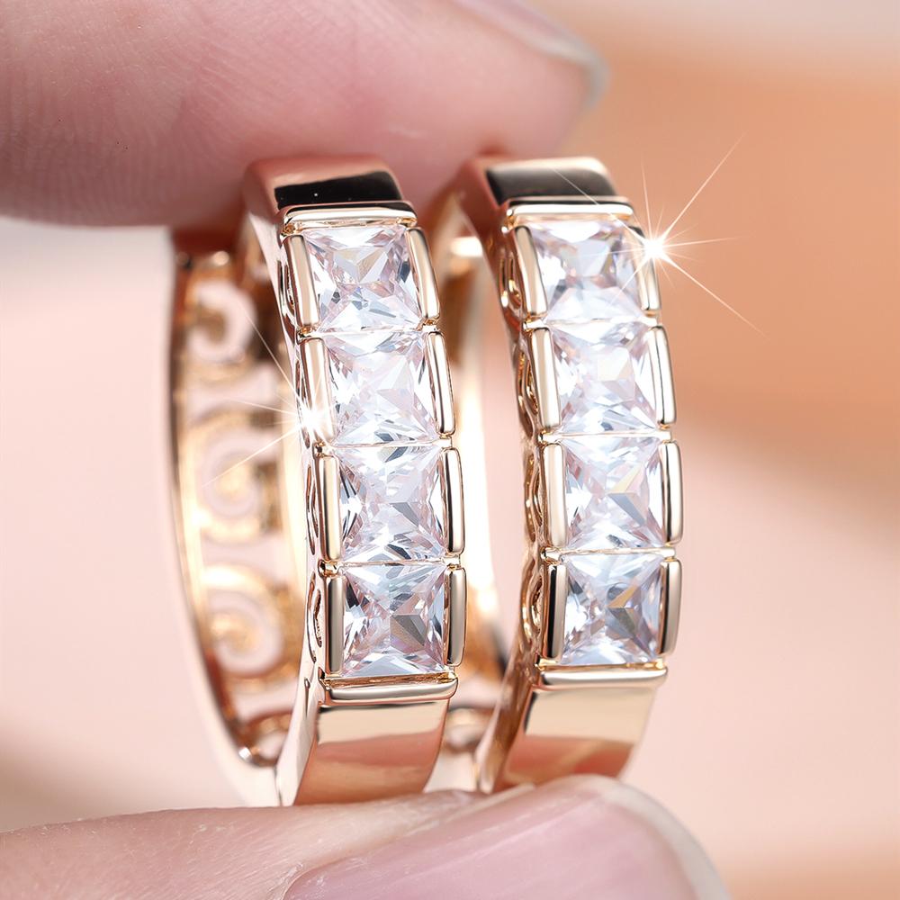 Fashion Shiny Cubic Zirconia Hoop Earrings for Women Gold Color Round Circle Wedding Engagement Jewelry