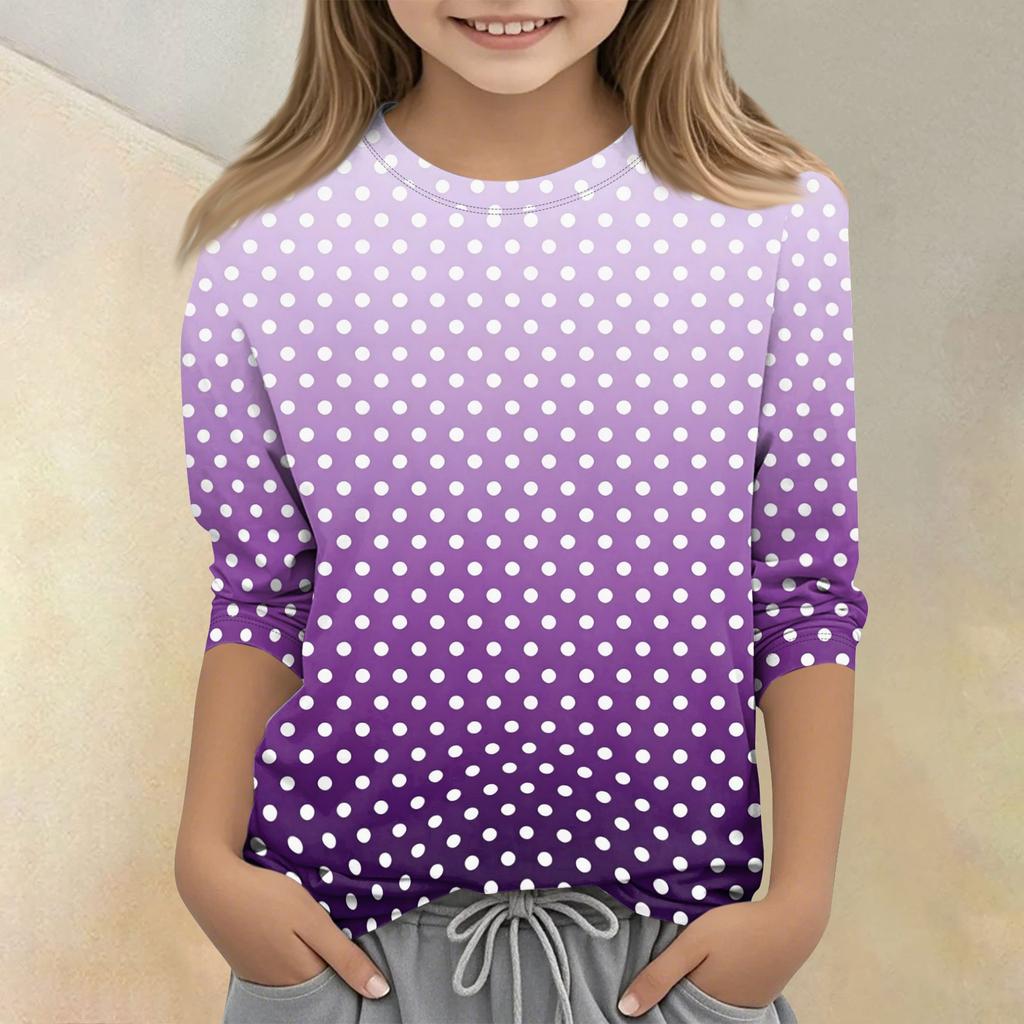 Kids Polka Dot Print Crew Neck Three Quarter Sleeve Casual T Shirt Comfortable Fit Soft Fabric Durable Stitching Suitable for Daily Wear