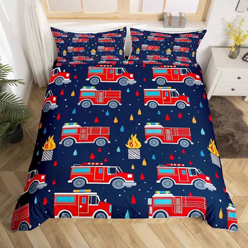 Comforter Fire Truck For Kids Boys Fire Engine Vehicle Extinguisher Fire Hydrant Print Bedding Set Microfiber Twin