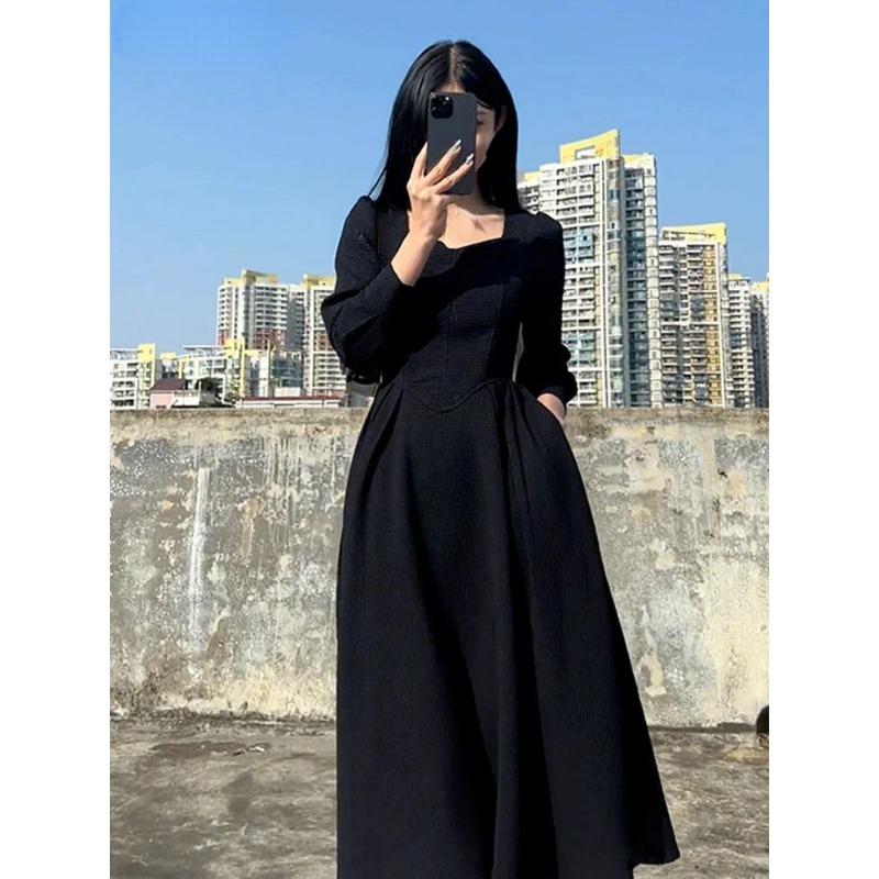 Vintage French Design Maxi Midi Dresses for Women Clothing Party Elegant Square Neck Black Long Dress Korean Fashion Autumn 2025