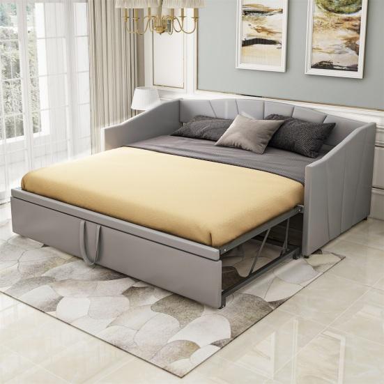 Upholstered Bed Extendable Sofa Bed 90/180x200cm with Slatted Frame, Multifunctional Bed Made of Skin-Friendly Velvet Fabric