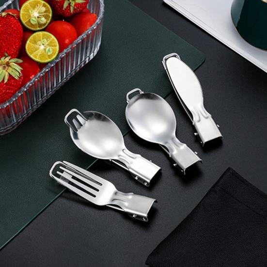 Stainless Steel Folding Spoon Fork Cutter Straw Brush Outdoor Camping Picnic Hiking Collapsible Cutlery Flatware Utensils
