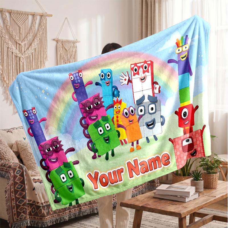 Numberblocks Personalized Flannel Blanket, Custom Printed Text Name, Warm Soft Blanket For Couch Bed