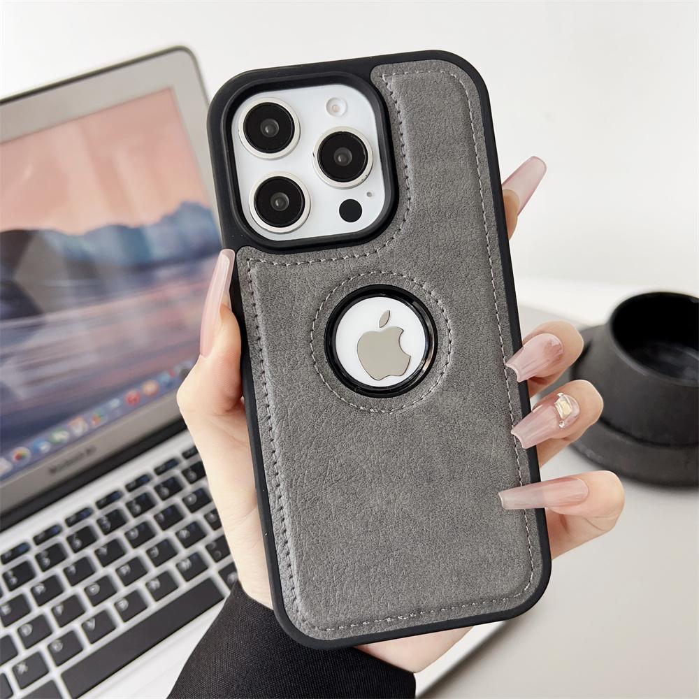 

For iPhone 17 Air 11 12 13 14 15 Plus 16 Pro Max Business PU Leather Case Cowhide Logo Hole Shockproof Luxury Protective Cover For iPhone 17 ProMax сірий