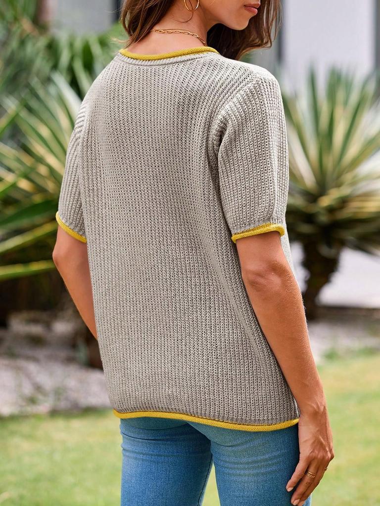 Women's Color Block Puff Sleeve Knit Sweater Crew Neck Ribbed Going Out Top