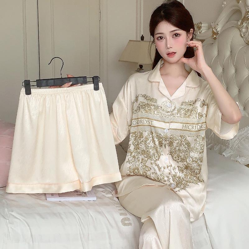 Women's Ice Silk Cherry Print Pajama Set - Elegant Summer Three-Piece Lounge Wear