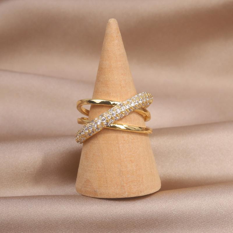 Korea Design Fashion Jewelry 14K Real Gold Electroplating Zircon Geometry Ring Elegant Women's Daily Work Open Ring