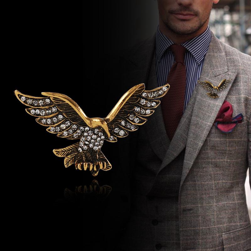 Men's Luxury Rhinestone Eagle Brooch - Retro Metal Badge for Suits