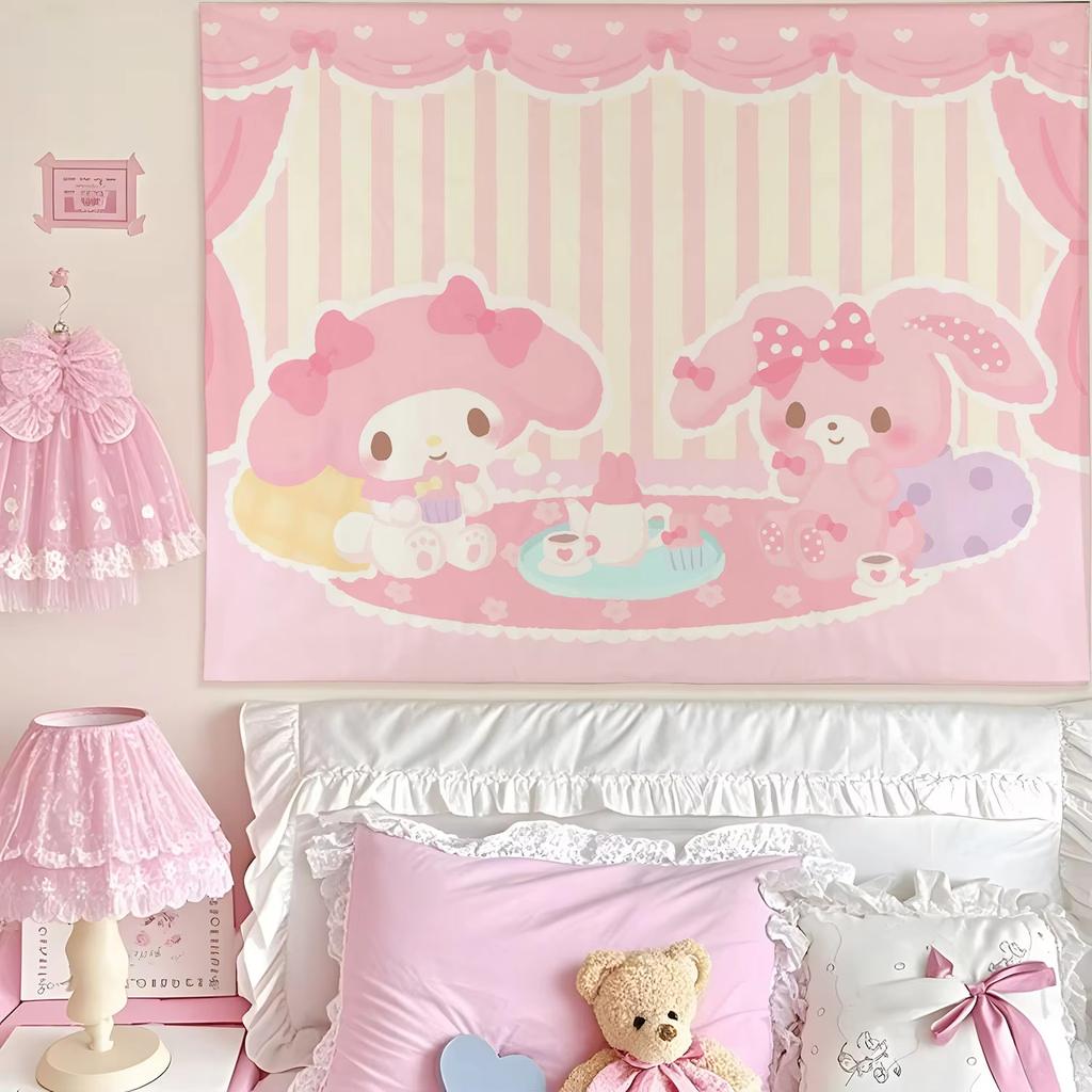 Adorable Sanrio Family Pink Heart Print Tapestry Bedroom Decoration Celebration Background Design Kawaii Anime Home Decoration