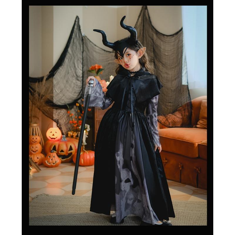 2026 Kids Skull Witch Vampire Cosplay Long Dress, Funny Horror Halloween Outfit