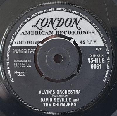 7inch Record DAVID SEVILLE & THE CHIPMUNKS - Alvin's Orchestra 45HLG9061 London Records, 1959 UK Children's Used