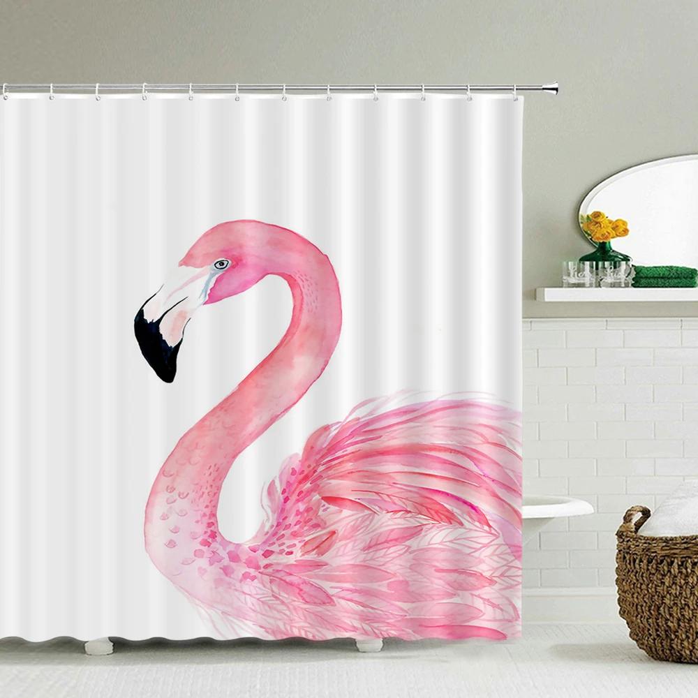 Tropical Plant Flamingo Shower Curtains Green Leaves Waterproof Polyester Fabric Home Decoration Bath Screen Bathroom Accessorie