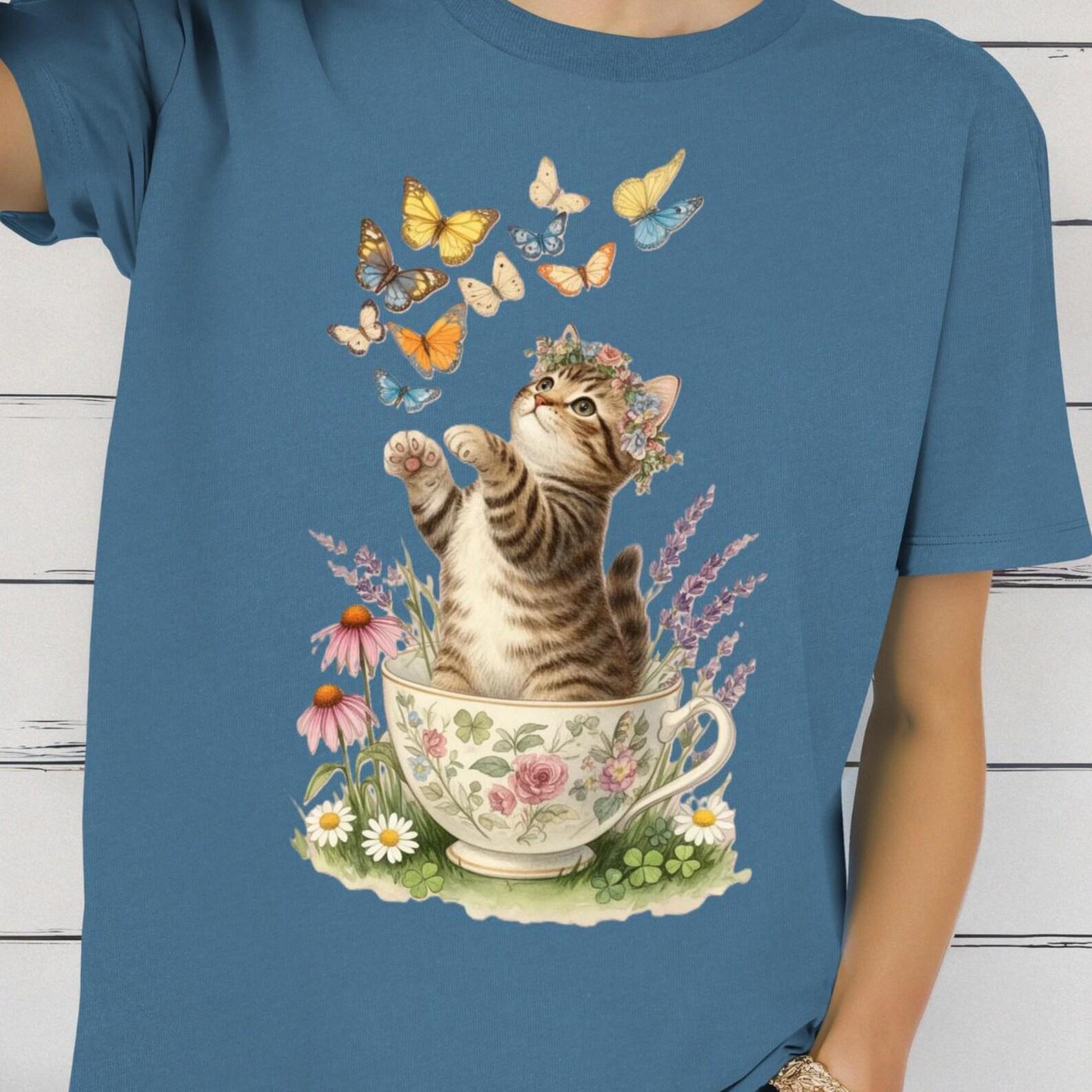 Cute Kitten Butterfly Shirt, Cat Lover Gift Tee, Floral Teacup Kitten Shirt, Spring Summer Cat T shirt, Cute Animal Shirt 2XL