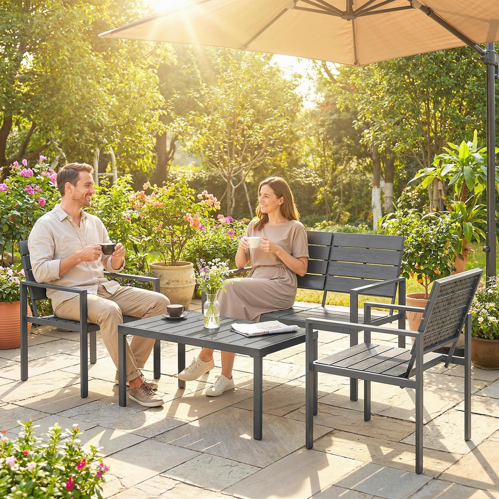 4 Piece Garden Furniture Set, Outdoor Sofa Set with HDPE Slatted Loveseat Armchairs Coffee Table Metal Frame, Dark Grey